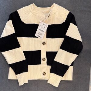 Zara girls NWT striped Black & Cream Button-Front Sweater Cardigan